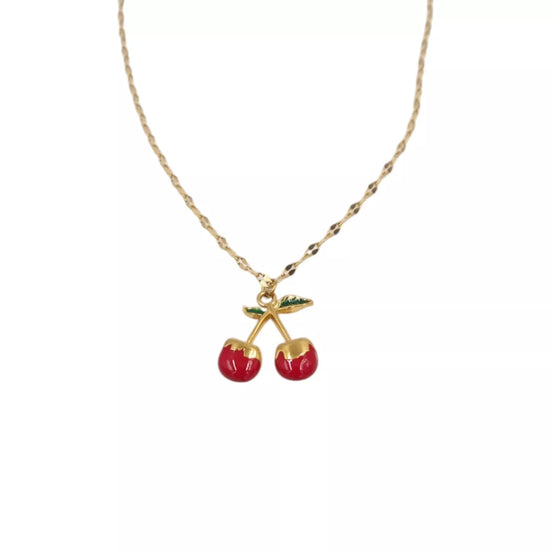 Auksinės spalvos kaklo papuošalas su vyšnių pakabuku