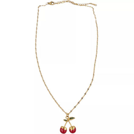 Auksinės spalvos kaklo papuošalas su vyšnių pakabuku