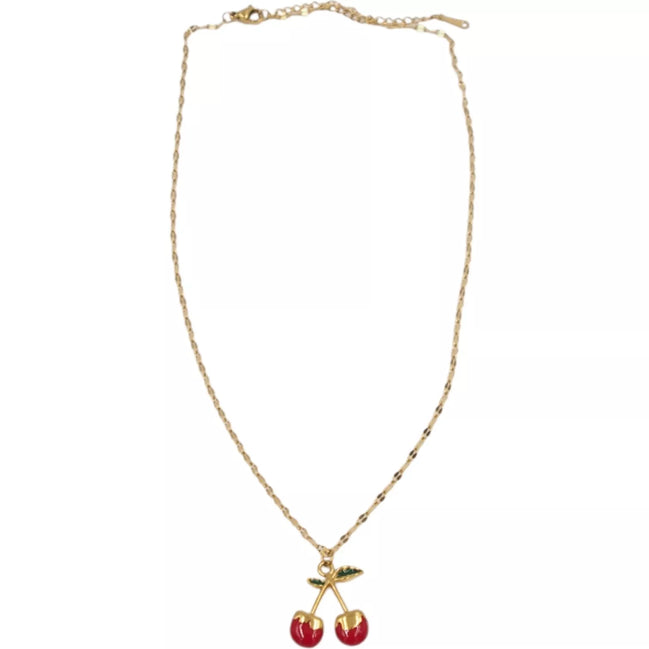 Auksinės spalvos kaklo papuošalas su vyšnių pakabuku