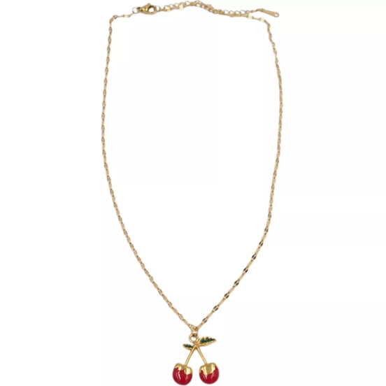 Auksinės spalvos kaklo papuošalas su vyšnių pakabuku
