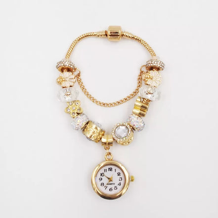 Aukso spalvos apyrankė su laikrodžiu