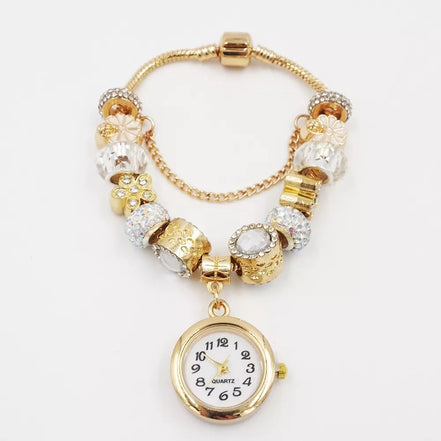 Aukso spalvos apyrankė su laikrodžiu