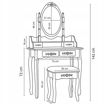 Kosmetinis staliukas su besisukančiu veidrodžiu ir taburete MISTY, baltas