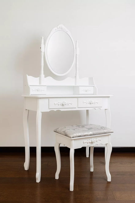 Kosmetinis staliukas su besisukančiu veidrodžiu ir taburete MISTY, baltas