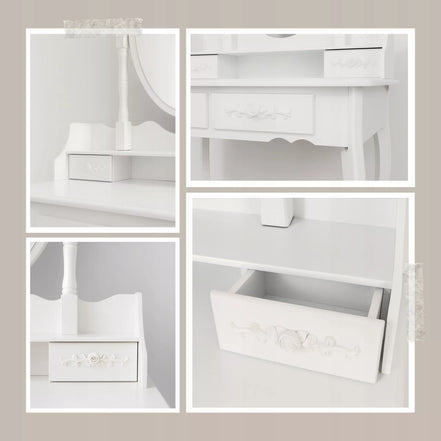 Kosmetinis staliukas su besisukančiu veidrodžiu ir taburete MISTY, baltas