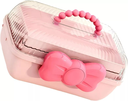 Rožinė papuošalų dėžutė su kaspinu ir rankena