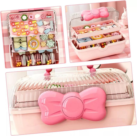 Rožinė papuošalų dėžutė su kaspinu ir rankena