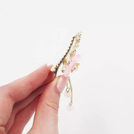 Rožinis plaukų segtukas su vyšnių žiedais